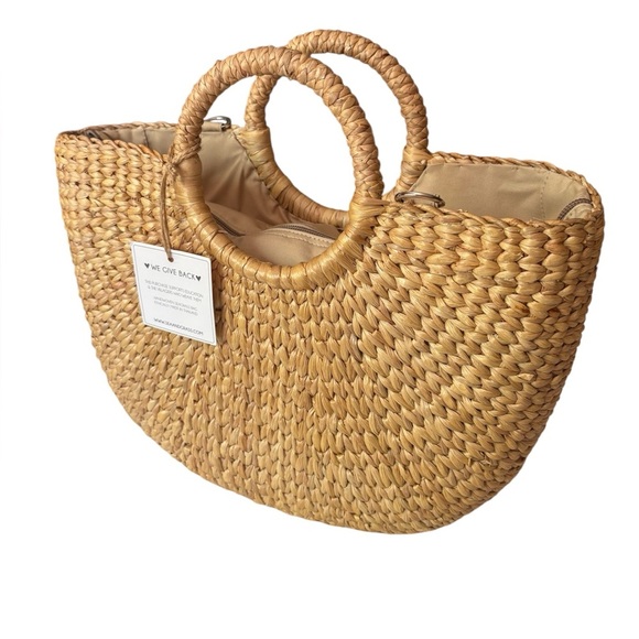 Natural fiber woven Satchel Crossbody Half Moon Circle Handle vacation beach bag - Picture 1 of 9